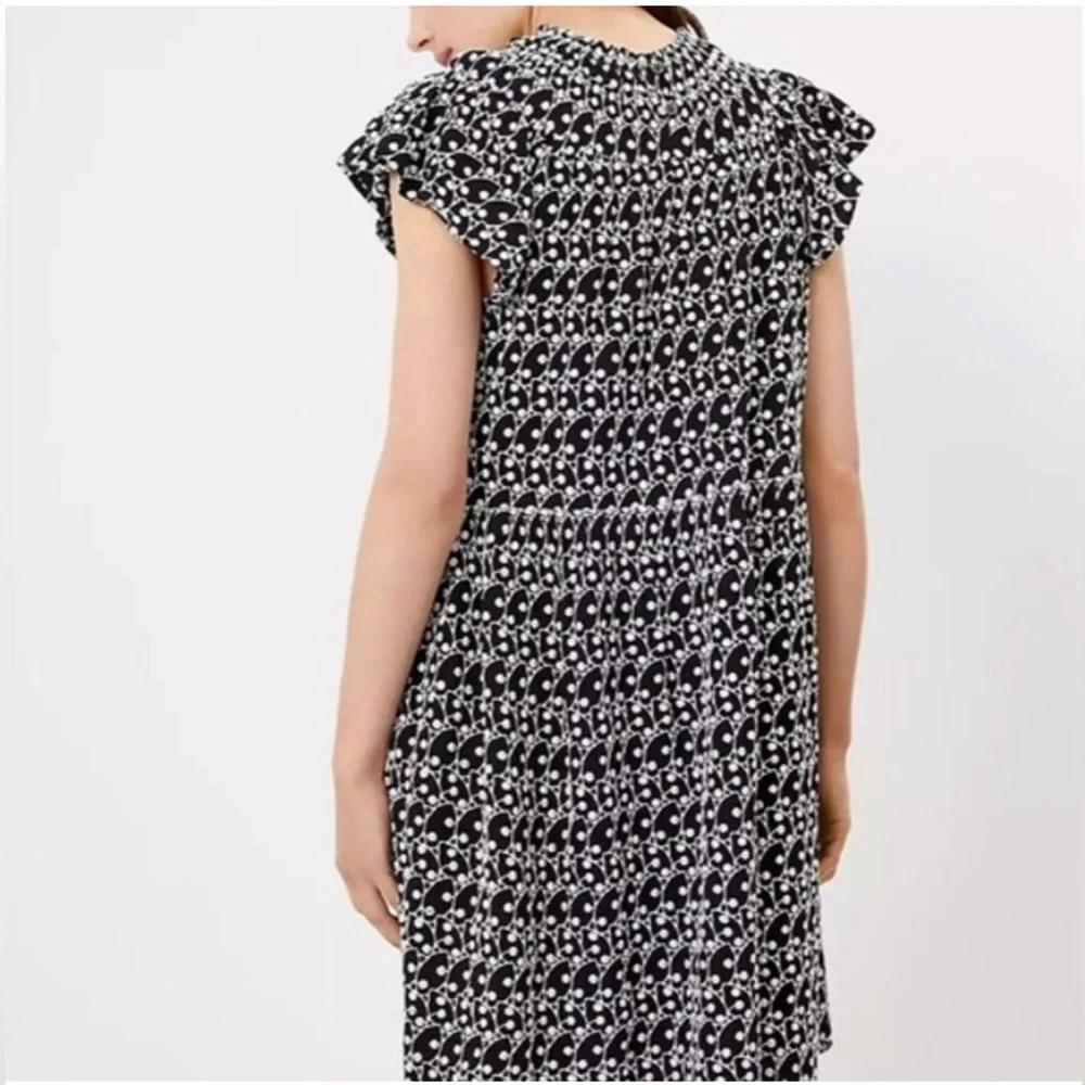 Loft Black White Eyelet Smocked Yoke Cap Sleeve Swing Dress Size SP NEW - Picture 3 of 11
